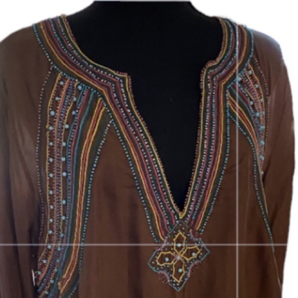 BCBG MAXAZRIA SILK” Tunic Embellished with Stones & Beads Brown Boho Chic Goth - Picture 8 of 14